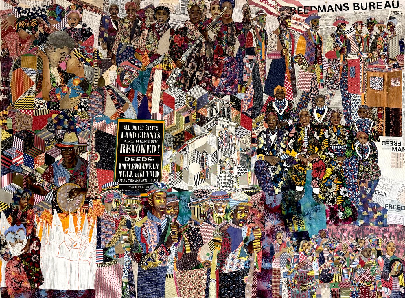 A large mixed-media collage titled Freedmans Bureau, built from patterned fabric and vintage newsprint.