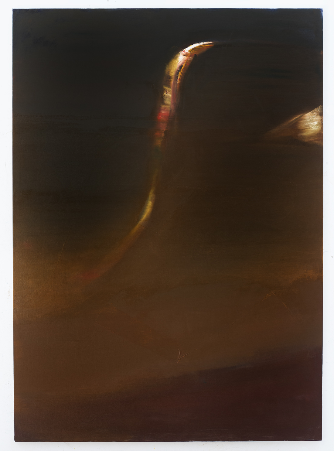 A dark abstract painting of a glowing curved streak of light against a deep brown and black ground, evoking a road or headlight trail at night.